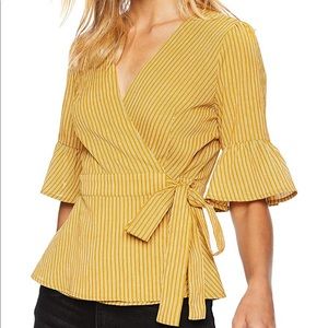 J.O.A. Yellow W/White Pin Stripe Ruffle Wrap Top